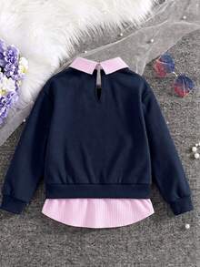 SHEIN Elladie kids 少女衛衣，藏藍色仿兩件套設計，寬鬆版型，秋冬季，帶帽，抓絨內襯，拉鍊，7歲生日婚禮白色 - 藍色 - 查看 2
