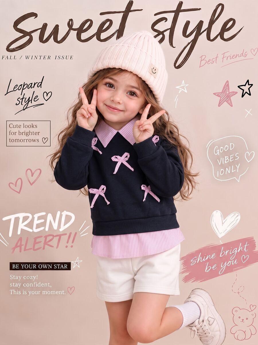 SHEIN Elladie kids 少女衛衣，藏藍色仿兩件套設計，寬鬆版型，秋冬季，帶帽，抓絨內襯，拉鍊，7歲生日婚禮白色 - 藍色 - 查看 1