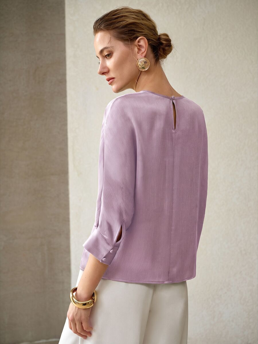 MOTF PREMIUM WOMEN'S SOLID COLOR ROUND NECK ELEGANT CASUAL FASHION SHORT SLEEVE BLOUSE - Purple - View 2