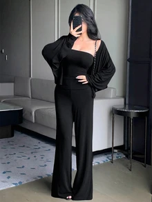 DAZY 女款 3 件組夏季黑色短版開襟衫、細肩帶背心上衣、直筒寬鬆休閒居家褲套裝 - 黑色 - 查看 2