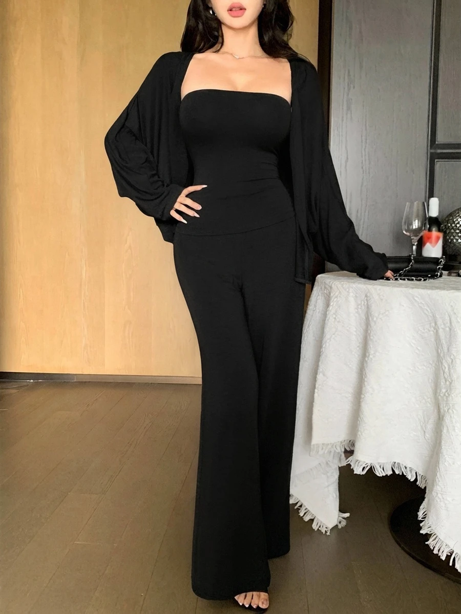 DAZY 女款 3 件組夏季黑色短版開襟衫、細肩帶背心上衣、直筒寬鬆休閒居家褲套裝 - 黑色 - 查看 1