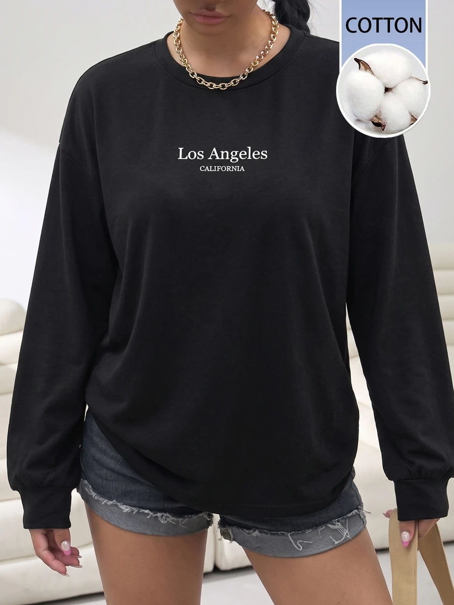Solflare Plus Size Acid Washed Vintage Soft Form 90s Casual Knitted Distressed Loose Fit Long Sleeve T-Shirt Autumn Formal Homewear Vacation Black And White