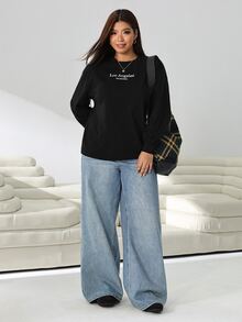 Solflare Plus Size Acid Washed Vintage Soft Form 90s Casual Knitted Distressed Loose Fit Long Sleeve T-Shirt Autumn Formal Homewear Vacation Black And White - Black - View 4