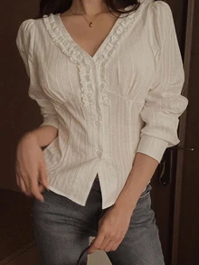 DAZY Solid Color Collared Slim Fit Short Sleeve White Women's Blouse Fall - White - View 9
