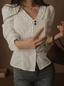 DAZY Solid Color Collared Slim Fit Short Sleeve White Women's Blouse Fall - White - View 8