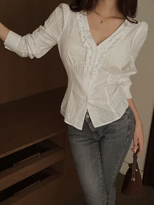 DAZY Solid Color Collared Slim Fit Short Sleeve White Women's Blouse Fall - White - View 2