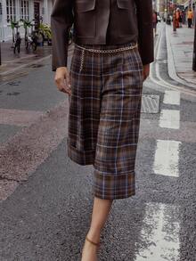 Maija 女款棕色格紋羊毛混紡中長褲 都市復古休閒優雅通勤辦公 - 棕色 - 查看 2