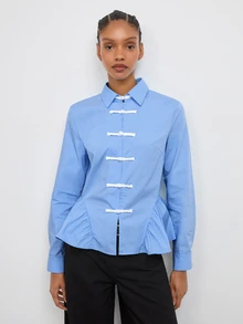 Maija Kemeja Lengan Panjang Wanita Warna Biru dengan Hem Berkerut, Nyaman untuk Gaya Kasual Perkotaan Musim Gugur - Biru - View 6
