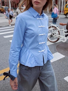 Maija Kemeja Lengan Panjang Wanita Warna Biru dengan Hem Berkerut, Nyaman untuk Gaya Kasual Perkotaan Musim Gugur - Biru - View 1