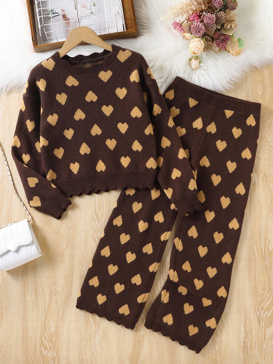 Tween Girls' Autumn/Winter Fashion Heart Pattern Jacquard Knit Sweater Long Sleeve Top And Long Pants Set - Brown - View 1