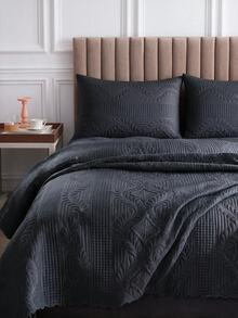 Made In Turkey Bedspread Set With Pillowcases Soft Touch Bed Cover - Black - View 2