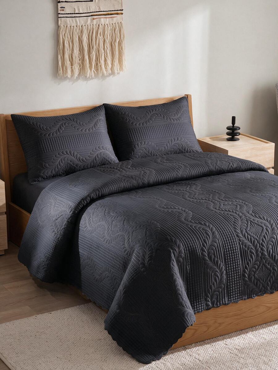 Made In Turkey Bedspread Set With Pillowcases Soft Touch Bed Cover - Black - View 1