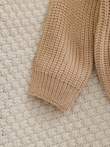 SHEIN Vintaside Kids 卡通刺繡嬰兒毛衣，圓領長袖套頭衫，休閒可愛動物風，1歲生日棕色秋季家庭款 - 卡其色 - 查看 10