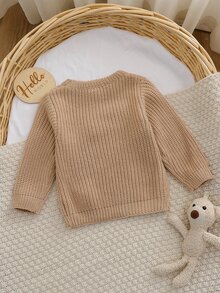 SHEIN Vintaside Kids 卡通刺繡嬰兒毛衣，圓領長袖套頭衫，休閒可愛動物風，1歲生日棕色秋季家庭款 - 卡其色 - 查看 2