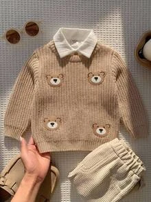 SHEIN Vintaside Kids 卡通刺繡嬰兒毛衣，圓領長袖套頭衫，休閒可愛動物風，1歲生日棕色秋季家庭款 - 卡其色 - 查看 1
