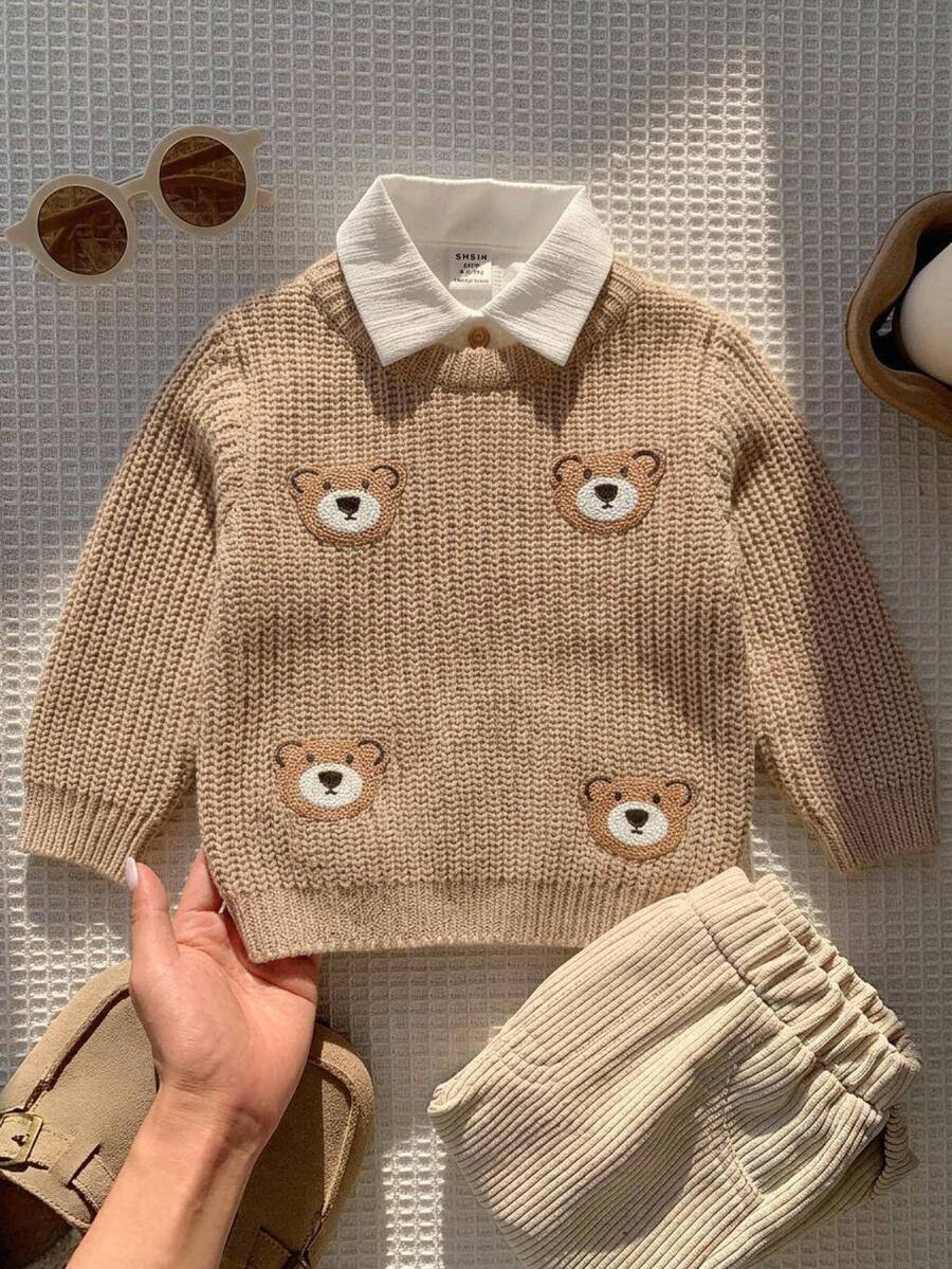 SHEIN Vintaside Kids 卡通刺繡嬰兒毛衣,圓領長袖套頭衫,休閒可愛動物風,1歲生日棕色秋季家庭款 - 卡其色 - 查看 1