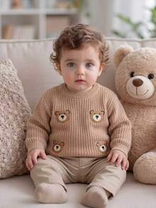 SHEIN Vintaside Kids 卡通刺繡嬰兒毛衣，圓領長袖套頭衫，休閒可愛動物風，1歲生日棕色秋季家庭款 - 卡其色 - 查看 4