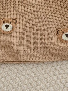 SHEIN Vintaside Kids 卡通刺繡嬰兒毛衣，圓領長袖套頭衫，休閒可愛動物風，1歲生日棕色秋季家庭款 - 卡其色 - 查看 7