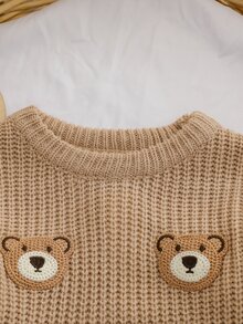 SHEIN Vintaside Kids 卡通刺繡嬰兒毛衣，圓領長袖套頭衫，休閒可愛動物風，1歲生日棕色秋季家庭款 - 卡其色 - 查看 6