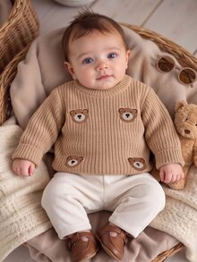 SHEIN Vintaside Kids 卡通刺繡嬰兒毛衣，圓領長袖套頭衫，休閒可愛動物風，1歲生日棕色秋季家庭款 - 卡其色 - 查看 3