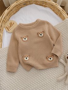 SHEIN Vintaside Kids 卡通刺繡嬰兒毛衣，圓領長袖套頭衫，休閒可愛動物風，1歲生日棕色秋季家庭款 - 卡其色 - 查看 5