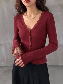 DAZY Burgundy Lace Patchwork Slim Fit Women's T-Shirt - Burgundy - View 1