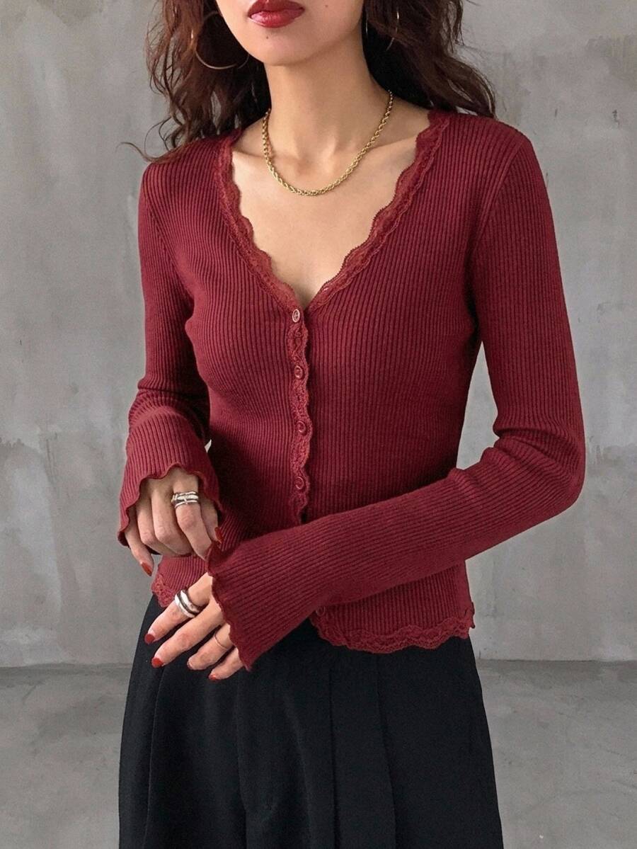 DAZY Burgundy Lace Patchwork Slim Fit Women's T-Shirt - Burgundy - View 1