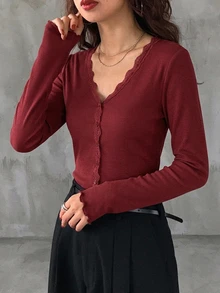 DAZY Burgundy Lace Patchwork Slim Fit Women's T-Shirt - Burgundy - View 2