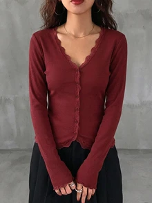 DAZY Burgundy Lace Patchwork Slim Fit Women's T-Shirt - Burgundy - View 3