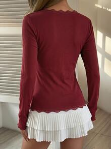 DAZY Burgundy Lace Patchwork Slim Fit Women's T-Shirt - Burgundy - View 8