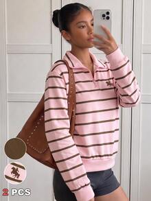 SHEIN Sparklyn 青少年女孩衛衣，粉紅色，寬鬆版型，秋冬保暖，時尚百搭，休閒，連帽，抓絨內裡，冬季，秋季，舒適，日常穿著，拉鍊，街頭風 - 彩色 - 查看 3