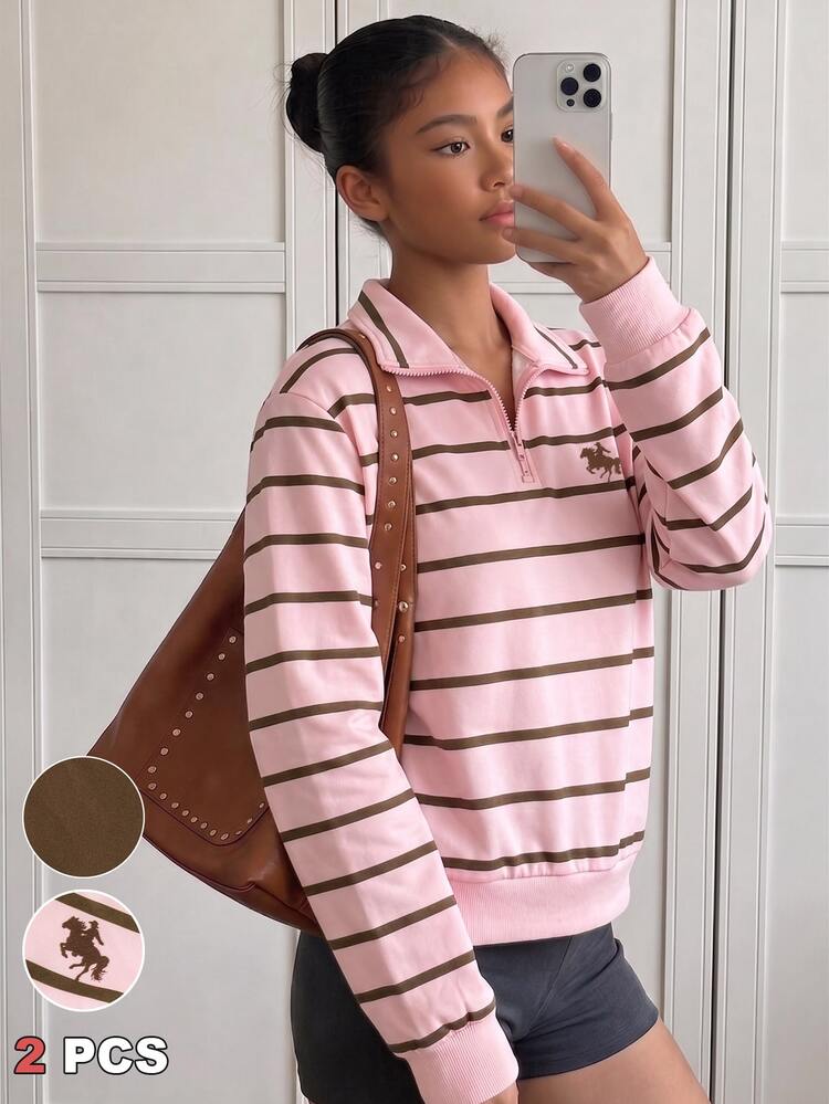 Teen Girls Sweatshirt, Pink, Loose Fit, Warm For Autumn/Winter, Fashionable & Versatile, Casual, Hooded, Fleece Lined, Winter, Autumn, Comfortable, Daily Wear, Zipper, Streetwear Style - Multicolor - View 1