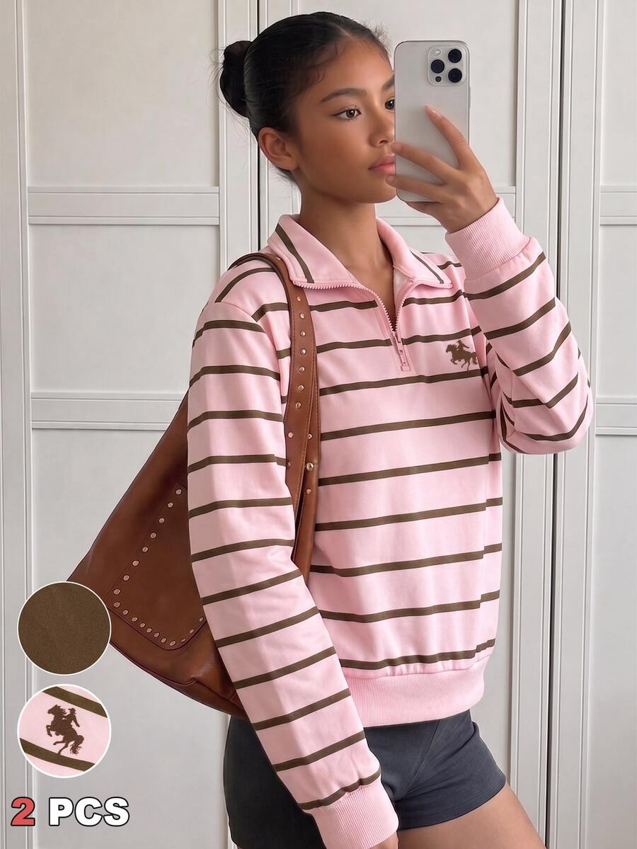 SHEIN Sparklyn 青少年女孩學院風條紋半拉鍊運動衫 馬刺繡落肩長袖四分之一拉鍊套頭上衣 - 彩色 - 查看 1