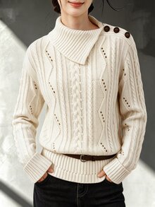 Omancia Sweater Leher Asimetris dengan Detail Kancing Polos - Krem - View 5