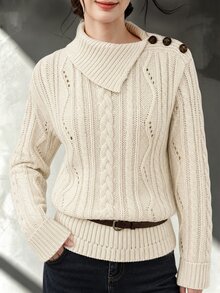 Omancia Sweater Leher Asimetris dengan Detail Kancing Polos - Krem - View 6