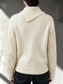Omancia Sweater Leher Asimetris dengan Detail Kancing Polos - Krem - View 2