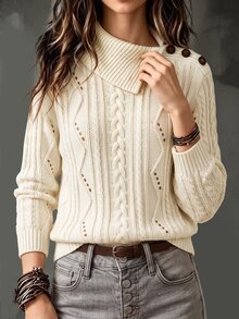 Omancia Sweater Leher Asimetris dengan Detail Kancing Polos - Krem - View 1