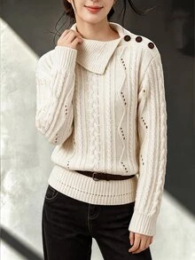 Omancia Sweater Leher Asimetris dengan Detail Kancing Polos - Krem - View 4