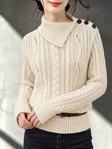 Omancia Sweater Leher Asimetris dengan Detail Kancing Polos - Krem - View 3