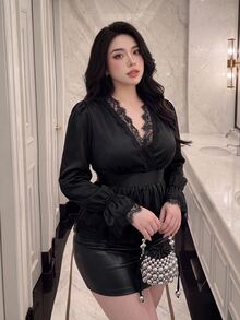 Vibekara Plus Size French Elegant Lady Satin V-Neck Lace Patchwork Waist-Cinched Flare Sleeve A-Line Long Sleeve Half-Button Blouse Fall - Black - View 4