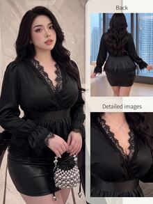Vibekara Plus Size French Elegant Lady Satin V-Neck Lace Patchwork Waist-Cinched Flare Sleeve A-Line Long Sleeve Half-Button Blouse Fall - Black - View 1