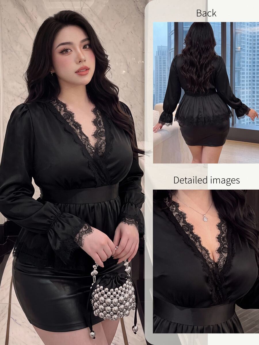 Vibekara Plus Size French Elegant Lady Satin V-Neck Lace Patchwork Waist-Cinched Flare Sleeve A-Line Long Sleeve Half-Button Blouse Fall - Black - View 1