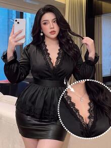 Vibekara Plus Size French Elegant Lady Satin V-Neck Lace Patchwork Waist-Cinched Flare Sleeve A-Line Long Sleeve Half-Button Blouse Fall - Black - View 8