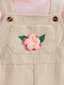 2 Piece/Set Baby Girl Pink Little Stand Collar Long Sleeve Pullover Ribbed Knit Solid Color T-Shirt Top And Apricot Corduroy 3D Flower Pocket Adjustab - Beige - View 8
