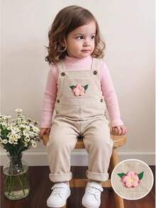2 Piece/Set Baby Girl Pink Little Stand Collar Long Sleeve Pullover Ribbed Knit Solid Color T-Shirt Top And Apricot Corduroy 3D Flower Pocket Adjustab - Beige - View 10