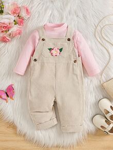 2 Piece/Set Baby Girl Pink Little Stand Collar Long Sleeve Pullover Ribbed Knit Solid Color T-Shirt Top And Apricot Corduroy 3D Flower Pocket Adjustab - Beige - View 4