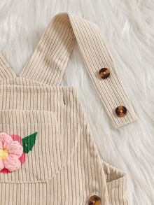 2 Piece/Set Baby Girl Pink Little Stand Collar Long Sleeve Pullover Ribbed Knit Solid Color T-Shirt Top And Apricot Corduroy 3D Flower Pocket Adjustab - Beige - View 7