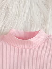 2 Piece/Set Baby Girl Pink Little Stand Collar Long Sleeve Pullover Ribbed Knit Solid Color T-Shirt Top And Apricot Corduroy 3D Flower Pocket Adjustab - Beige - View 6