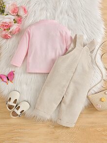 2 Piece/Set Baby Girl Pink Little Stand Collar Long Sleeve Pullover Ribbed Knit Solid Color T-Shirt Top And Apricot Corduroy 3D Flower Pocket Adjustab - Beige - View 2