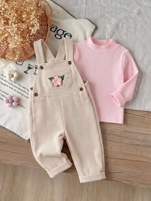 2 Piece/Set Baby Girl Pink Little Stand Collar Long Sleeve Pullover Ribbed Knit Solid Color T-Shirt Top And Apricot Corduroy 3D Flower Pocket Adjustab - Beige - View 1